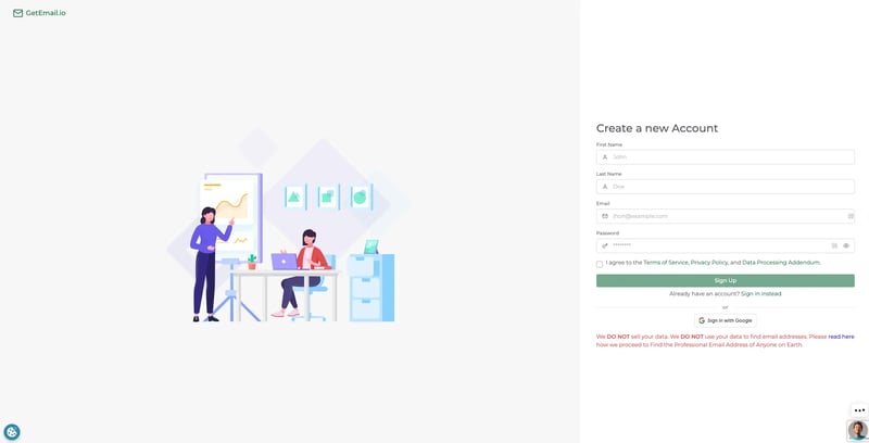 Screenshot of GetEmail.io web app sign up