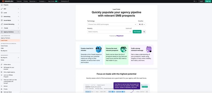 Screenshot of Semrush lead finder