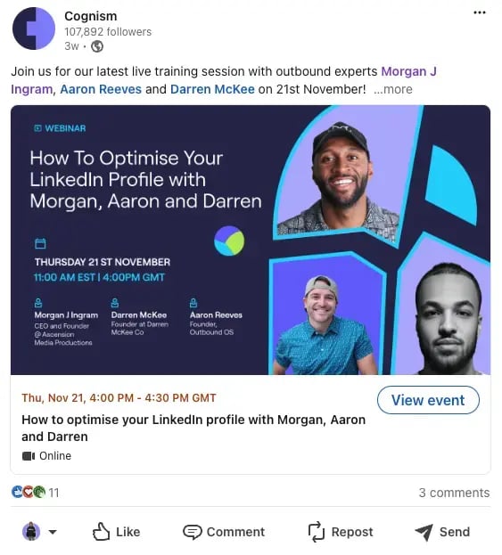 Screenshot of Cognism cold calling live event on LinkedIn