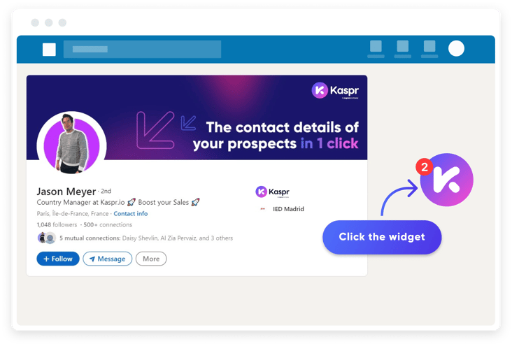 Screenshot eines LinkedIn-Profils mit dem Kaspr-Widget, das anzeigt, dass Daten zur Verfügung stehen