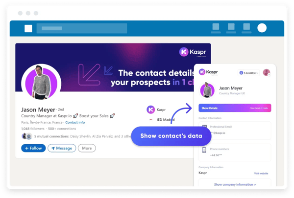 Screenshot of the Kaspr widget accessing contact data from a LinkedIn profile