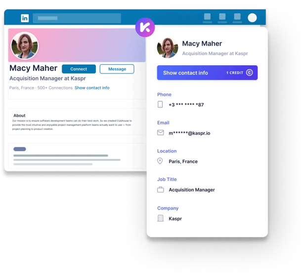 Screenshot of Kaspr's LinkedIn Chrome Extension in action on desktop